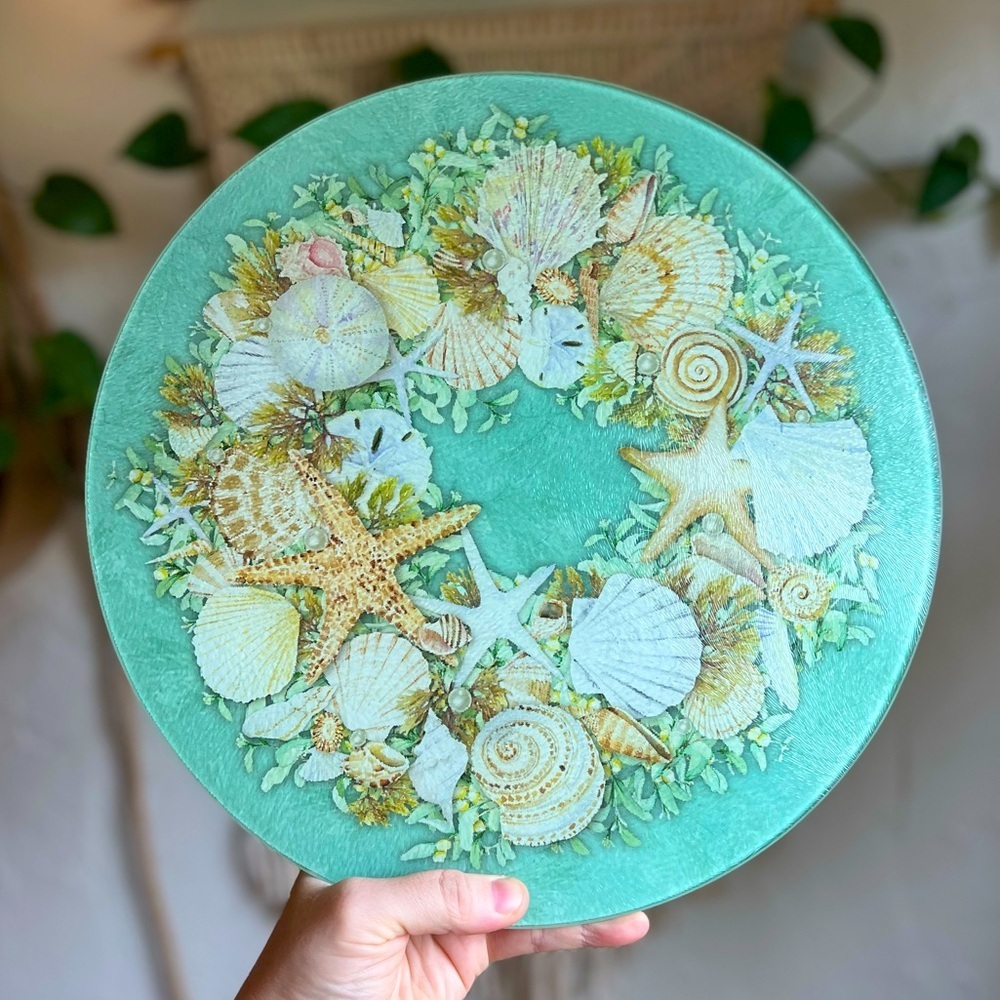 Coastal Glass Lazy Susan Seashell Rotating Serving Tray Beach House Ocean Decor